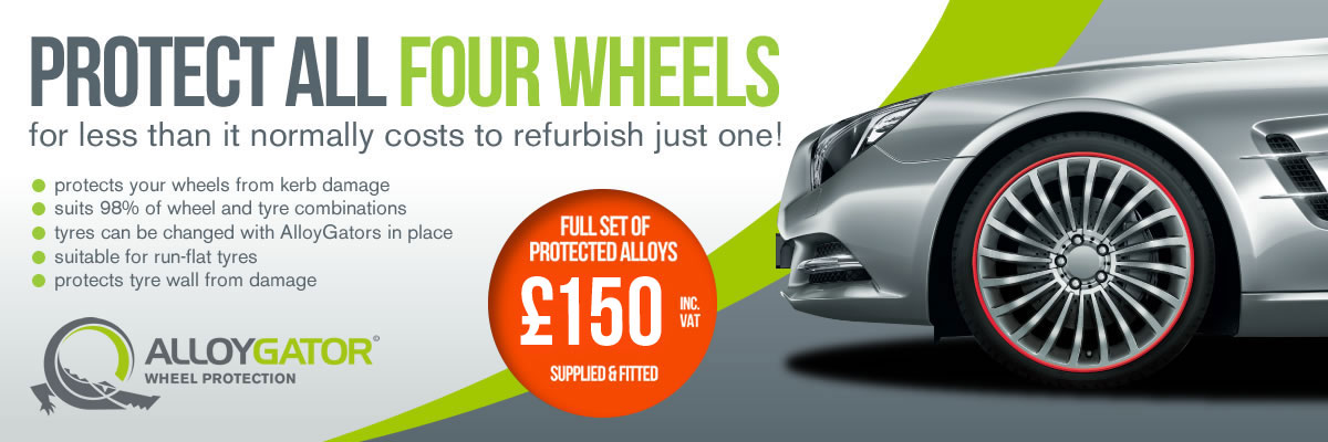 Protect all four wheels for less than it normally costs to refurbish just one! * Protects your wheels from kerb damage * Suits 98% of wheel and tyre combinations * Tyres can be changed with AlloyGators in place * Suitable for run-flat tyres * Protects tyre wall from damage AlloyGator Wheel Protection Full set of protected alloys £150 inc VAT supplied & fitted